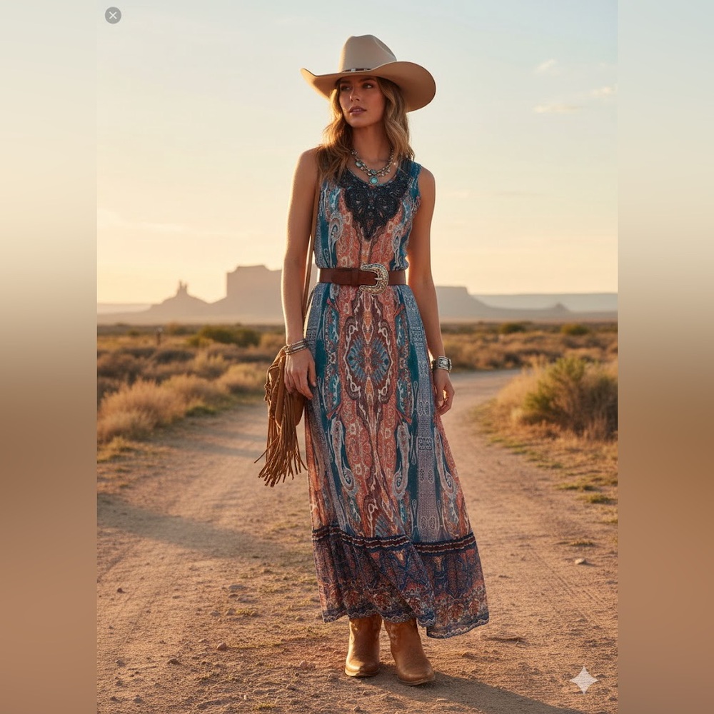 Reba Teal and Rust Paisley Maxi Dress